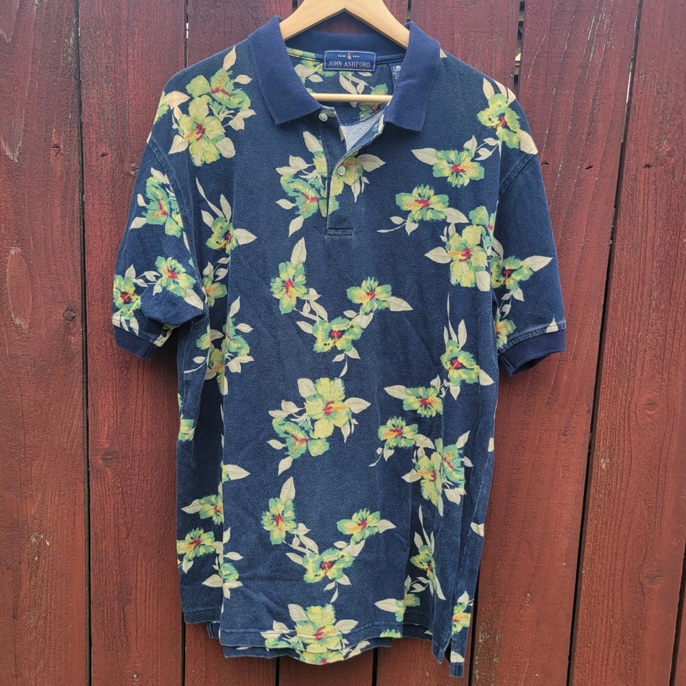 John Ashford Navy Blue Floral Hibiscus Cotton Pique Polo Shirt Size M Y2K VTG